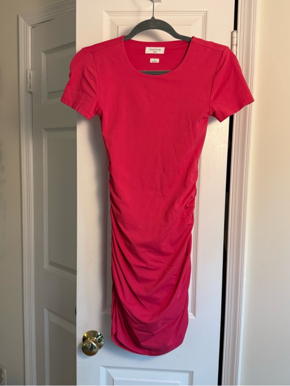 Aritzia Babaton Contour Ruched Mini Dress Pink Short Sleeve Fuscia - Size Small - Picture 7 of 11